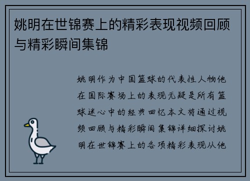 姚明在世锦赛上的精彩表现视频回顾与精彩瞬间集锦